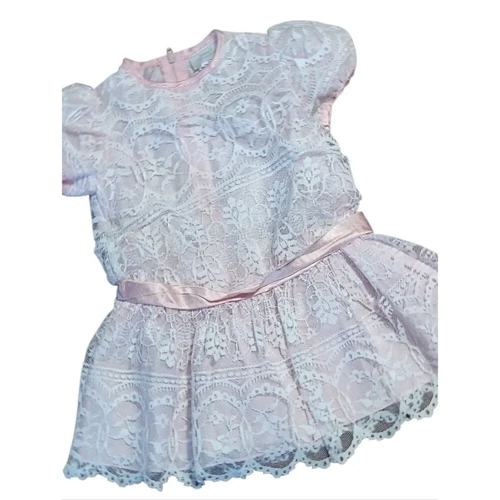 Vintage Small Wonder Lace Dress Girls Size 3T Pink 80s Short Sleeve